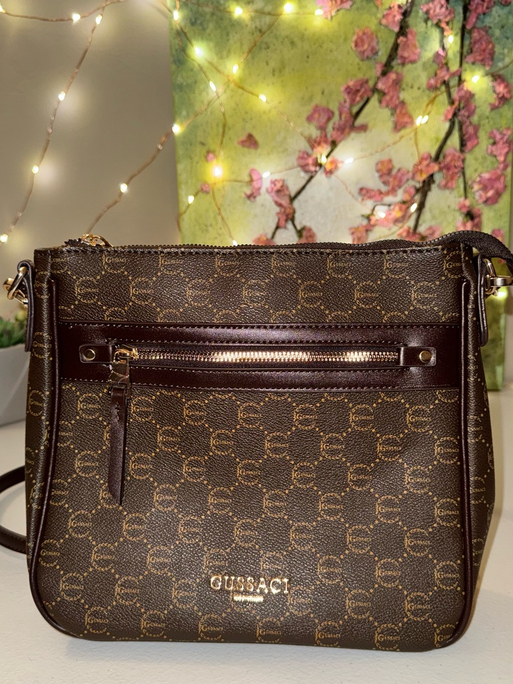 Gussaci Brown Monogram Crossbody Bag